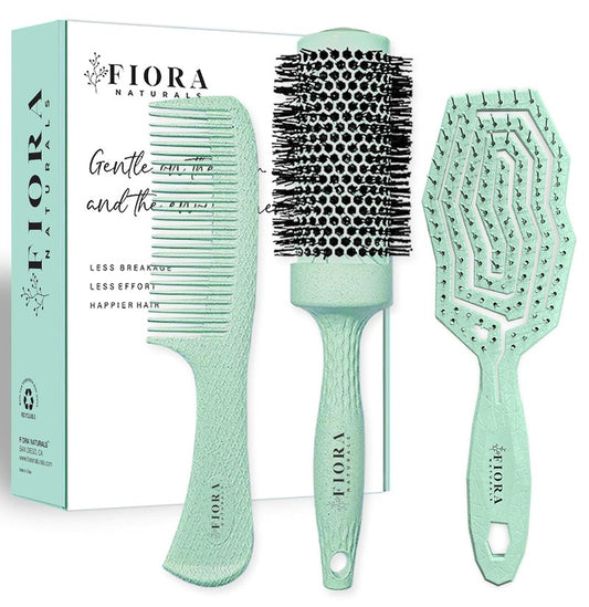 Fiora Naturals Hair Brush Set - Bio-Friendly Detangler, Round Brush & Comb for All Hair Types | Ideal for Blow Drying & Styling