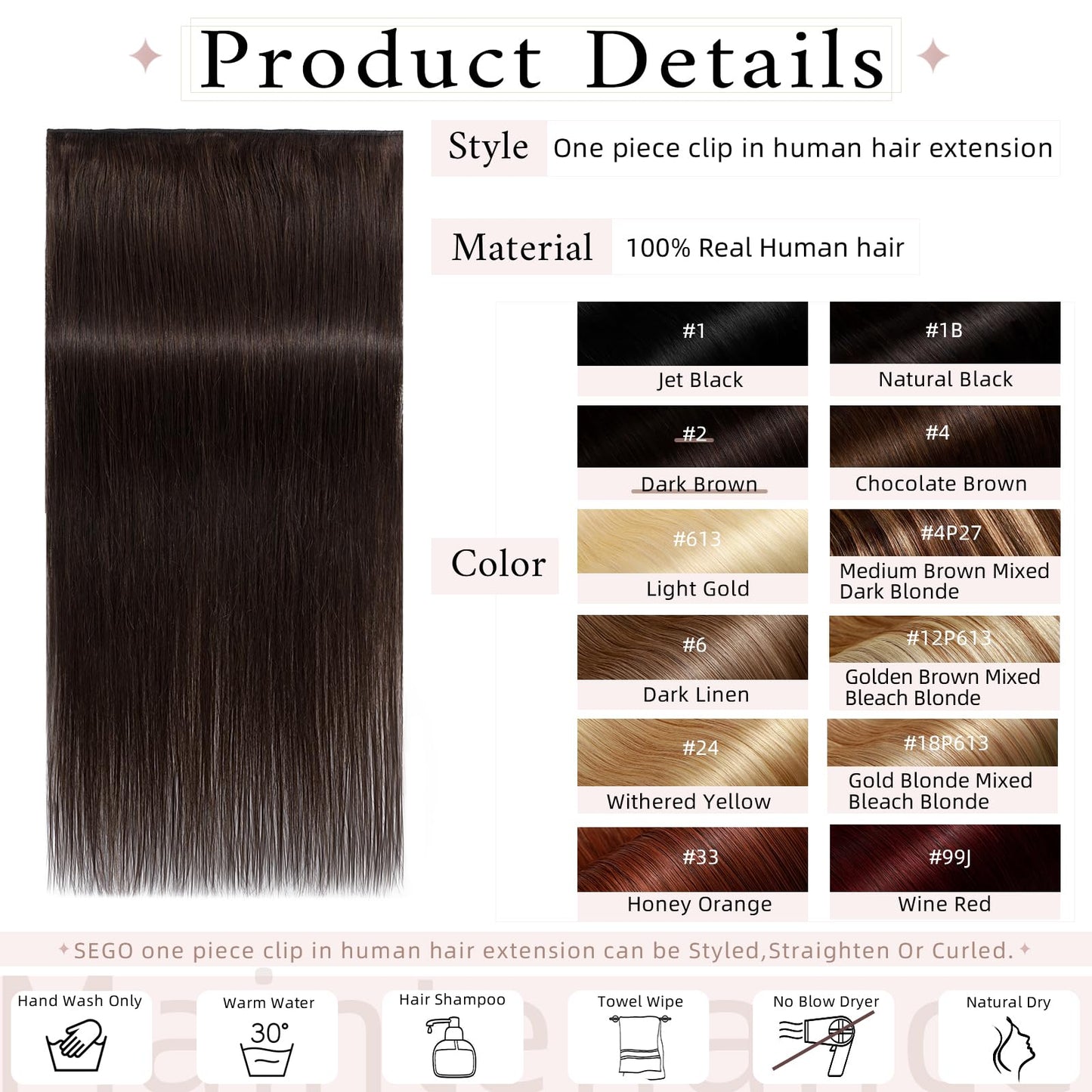 SEGO One Piece Clip in Extensions, 5 Clips Real Human Hair Extensions, Long Straight, 10 inches, #04 Chocalate Brown