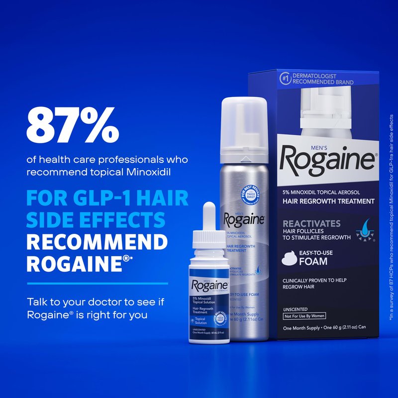 Men's Rogaine Extra Strength 5% Minoxidil Topical Solution for Hair Loss & Regrowth, Topical Treatment for Men, Unscented Minoxidil Follicle Booster Solution, 1-Month Supply, 2 fl. oz