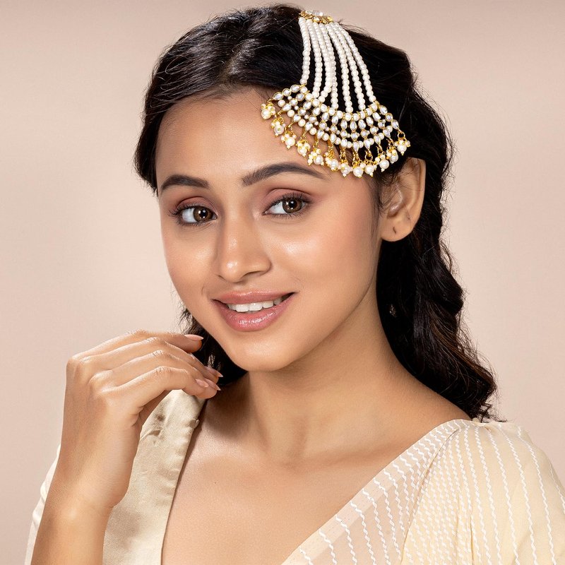 Aheli Faux Kundan Pearls White Maang Tikka Matha Patti Indian Traditional Bollywood Jewelry Gift for Women