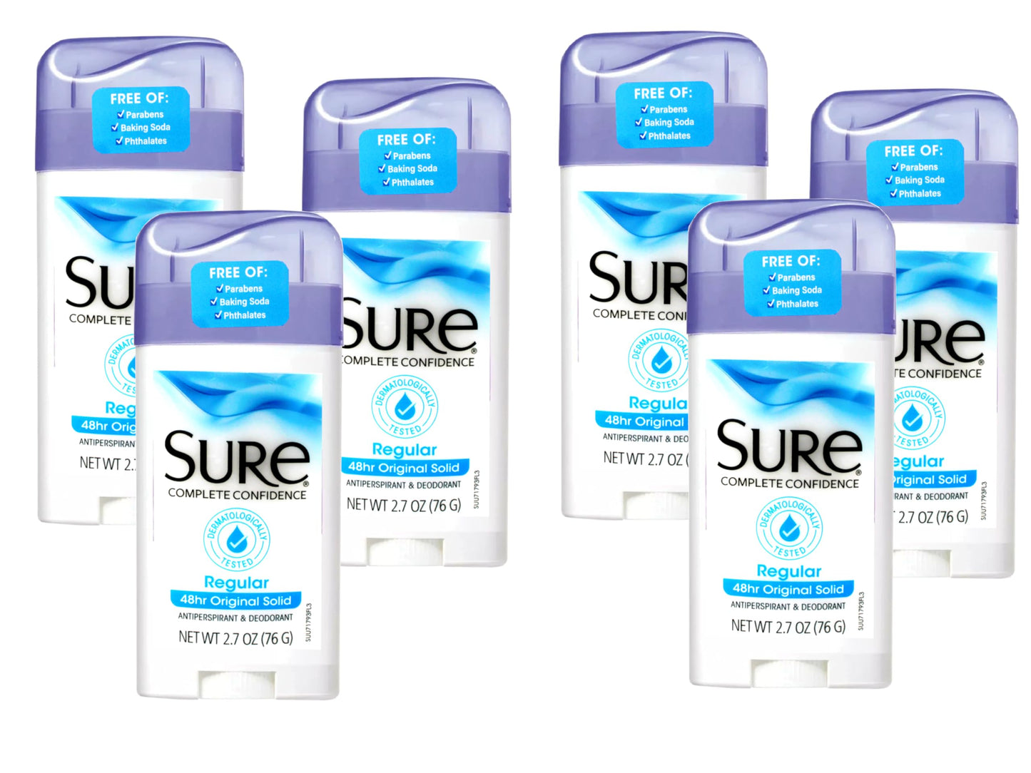 SURE, Antiperspirant Deodorant, Solid, Regular, 2.6 oz., (6 Pack)