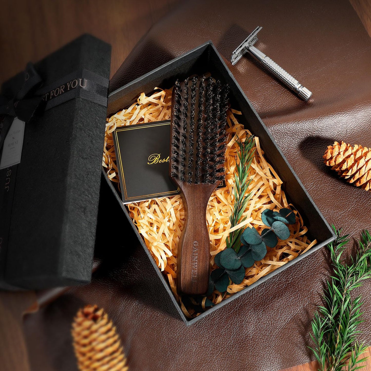 GAINWELL Wild Boar Bristle Hair Brush for Men, Slick Back Hair Brush with Stiff Boar Bristles for Thick Hair, Natural Black Walnut Wooden Handle Hairbrush, Beard Mustache Brush - Large