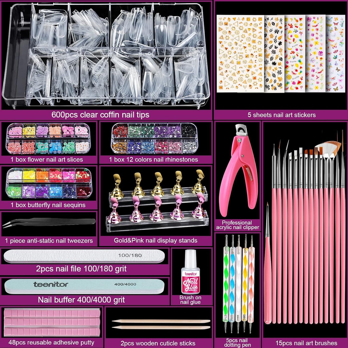 Acrylic Press-On Nail Kit - Clear Coffin Tips, Art Brushes, Glitter & Rhinestones | Complete Nail Supplies