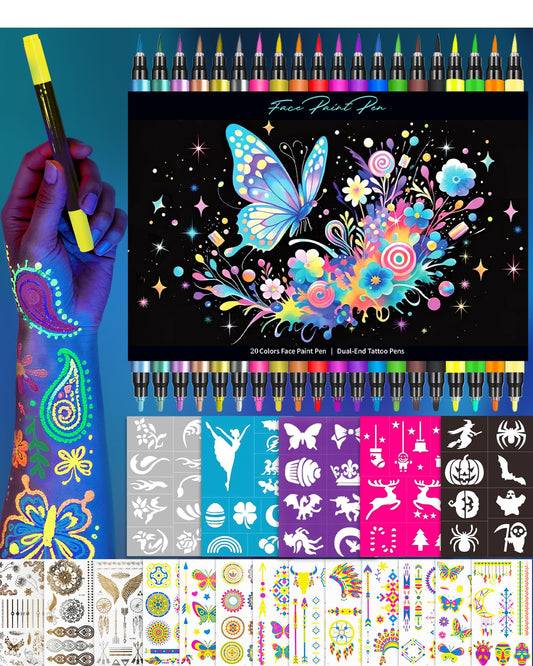 CORALMEE Temporary Tattoo Markers for Skin, 20 Pcs Dual-Tip UV & Matte & Glitter Tattoo Pens, Skin-Safe Body Markers with Tattoo Stencils & Stickers, Washable Glow in the Dark Markers for Kids Teens