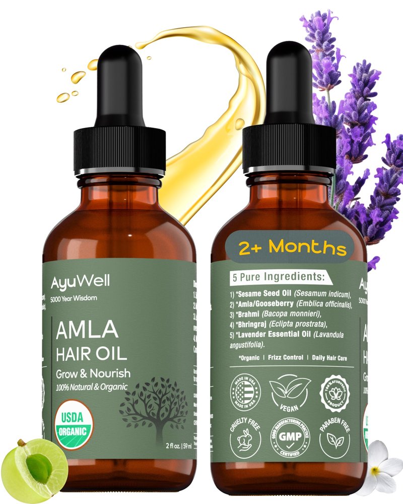 Ayuwell Ayurvedic Hair Oil, Potent & Lightweight Amla Indian Hair Growth Oil — USDA & All Hairs Types — For Nourishing Scalp w/Non-GMO Bhringraj, Brahmi, & Lavendar For Growth + Balanced Health, 2 oz