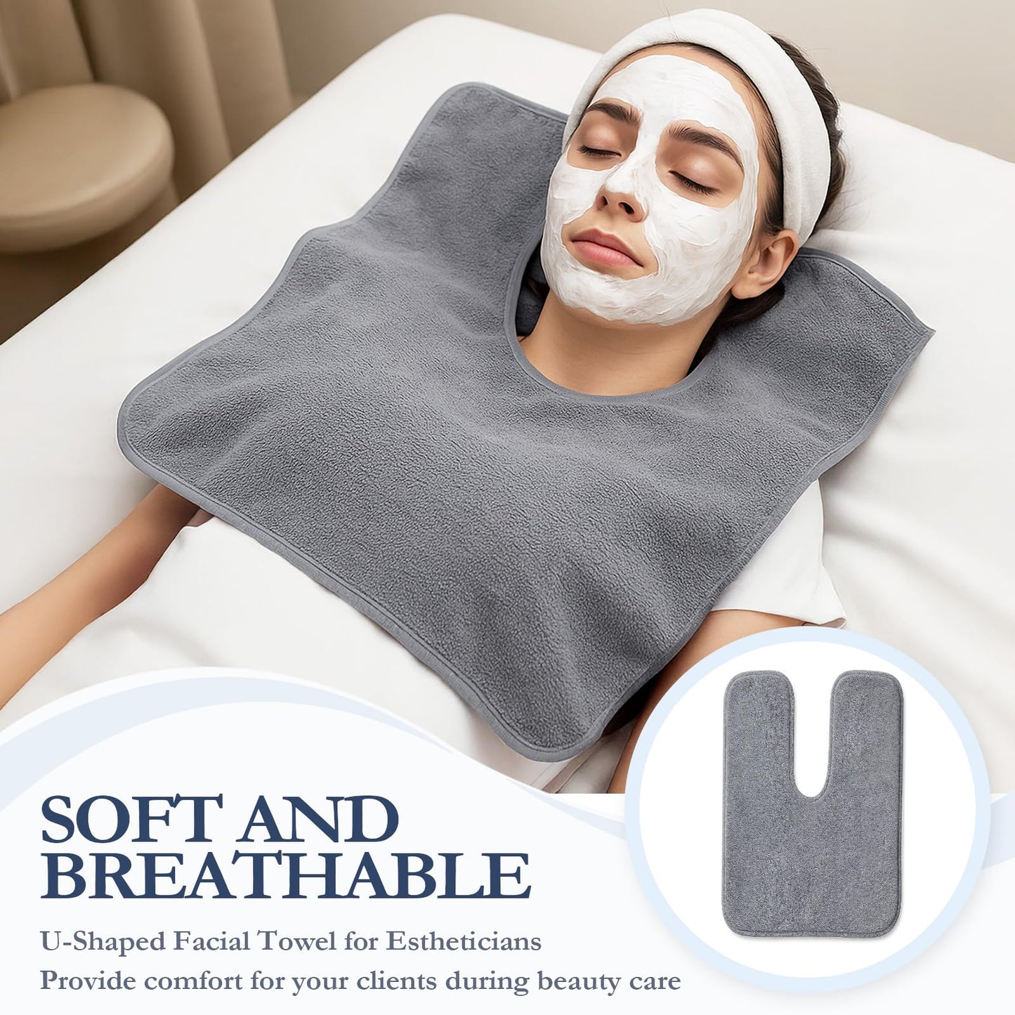 JJUNW 12 PCS U-Shaped Facial Towels, Split Design Estheticians Towels Microfiber Soft Spa Towel Coral Fleece Face Cloth for Beauty Salons Skin Care SPA Centers Estheticians Salon Grey