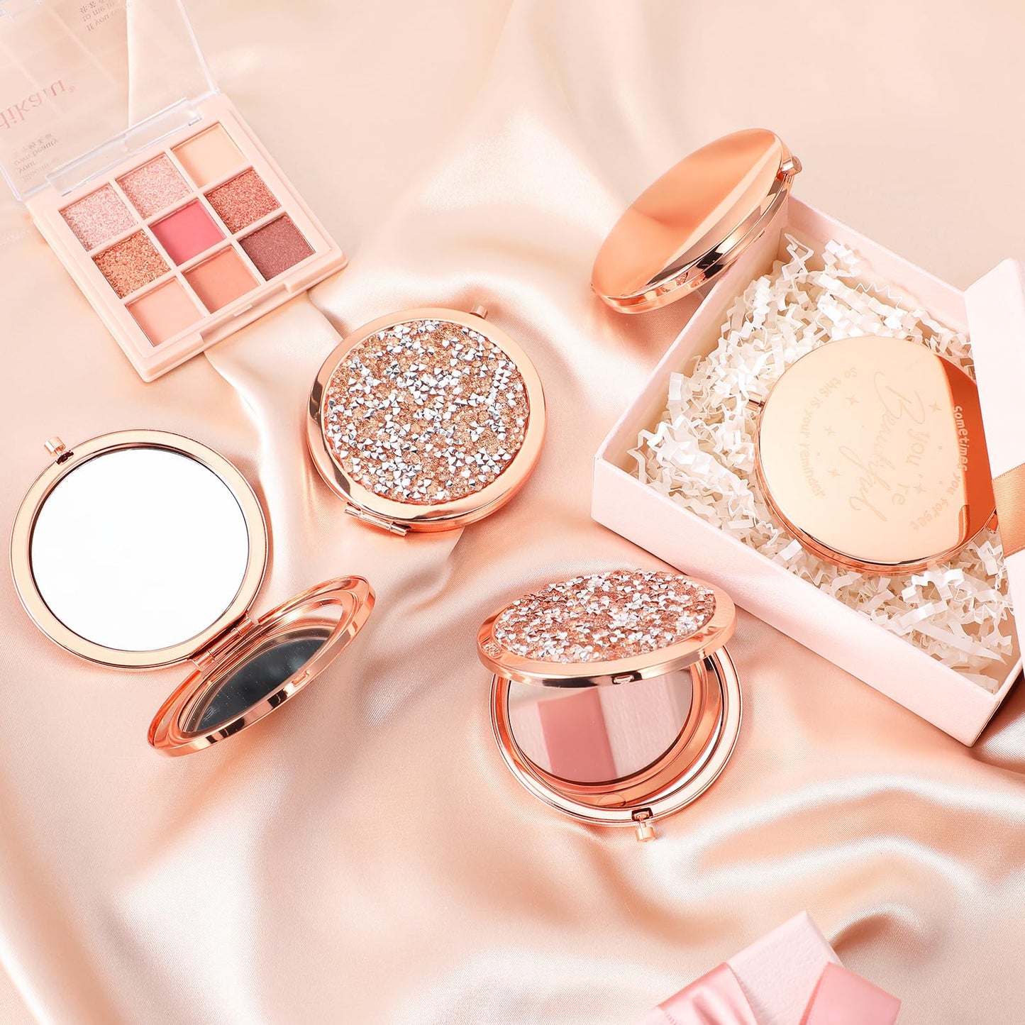 10Pcs Small Compact Mirror, 1x/2x Magnifying Double Sided Pocket Mirror 2.75 Inch Metal Rhinestone Compact Mirrors Bulk, Inspirational Appreciation Gifts for Valentines Day Women Girls Nurse Friends