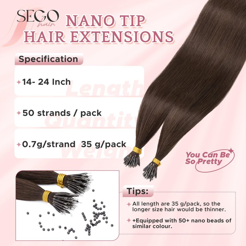 SEGO Nano Tip Hair Extensions Human Hair, Nano Beads Balayage Seamless Highlight Pre-bonded Extensions for Women, 0.7g/strand, 50 strands 35g/pack -20 Inch#02R Dark Brown