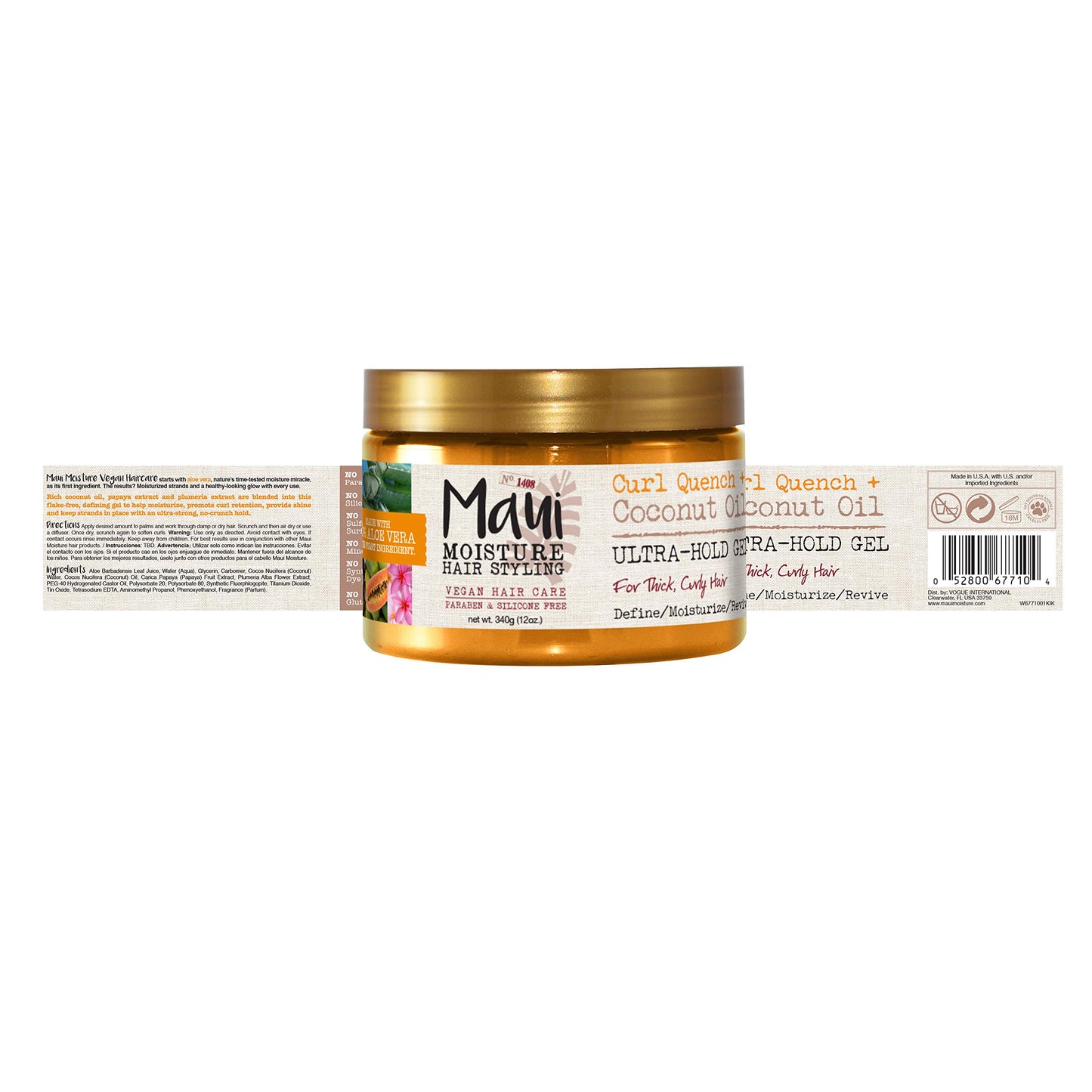 Maui Moisture Curl Quench + Coconut Oil Ultra-Hold Gel, for Curly Hair Styling, Vegan, No Drying Alcohols, Paraben Free, Silicone Free, 12 Ounce