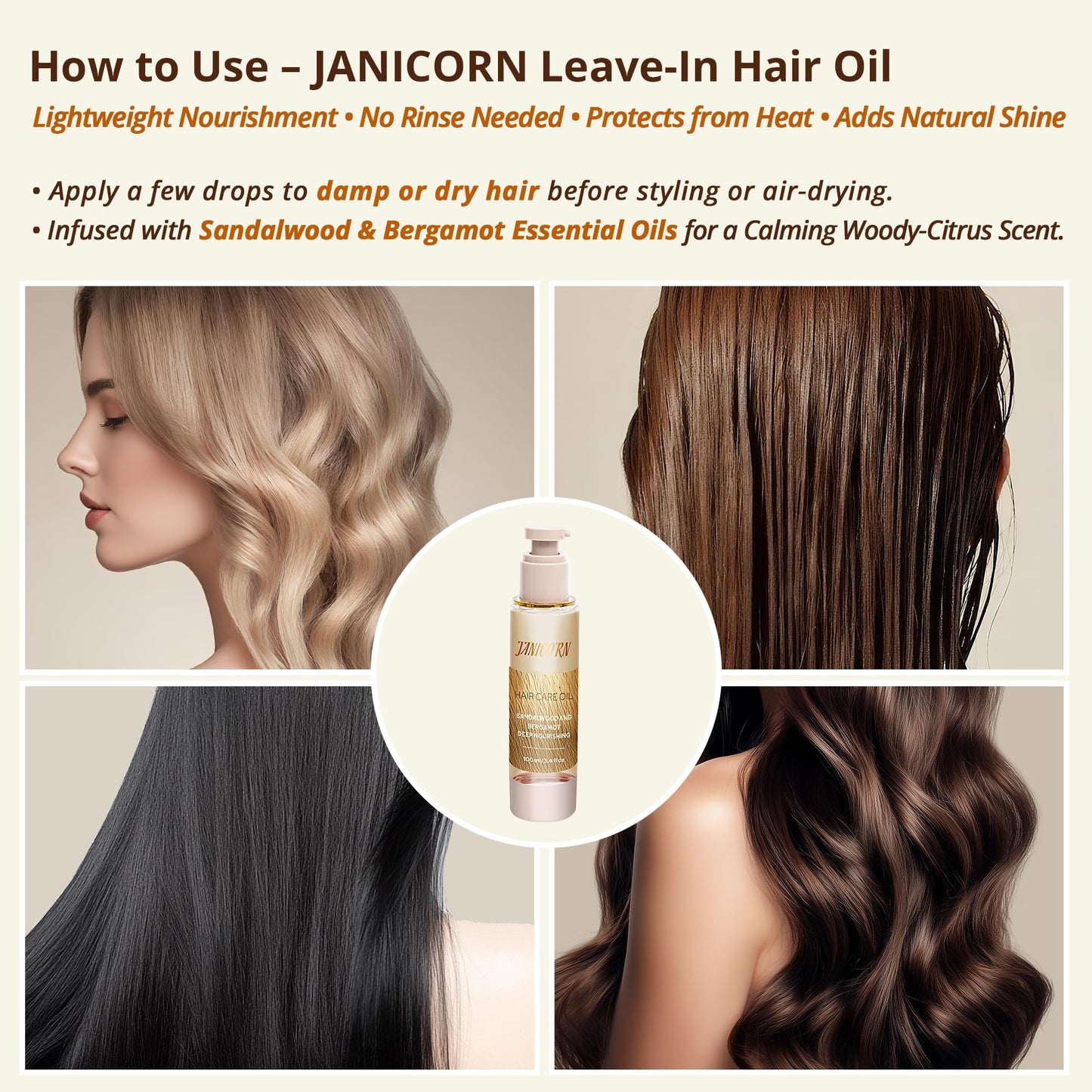 JANICORN Leave-In Hair Oil – Lightweight Hydration with Jojoba & Argan Oils, Sandalwood & Bergamot Aroma, Smooth Shine & Frizz Control for Fine to Frizz-Prone Hair, 3.4 fl oz / 100 ml