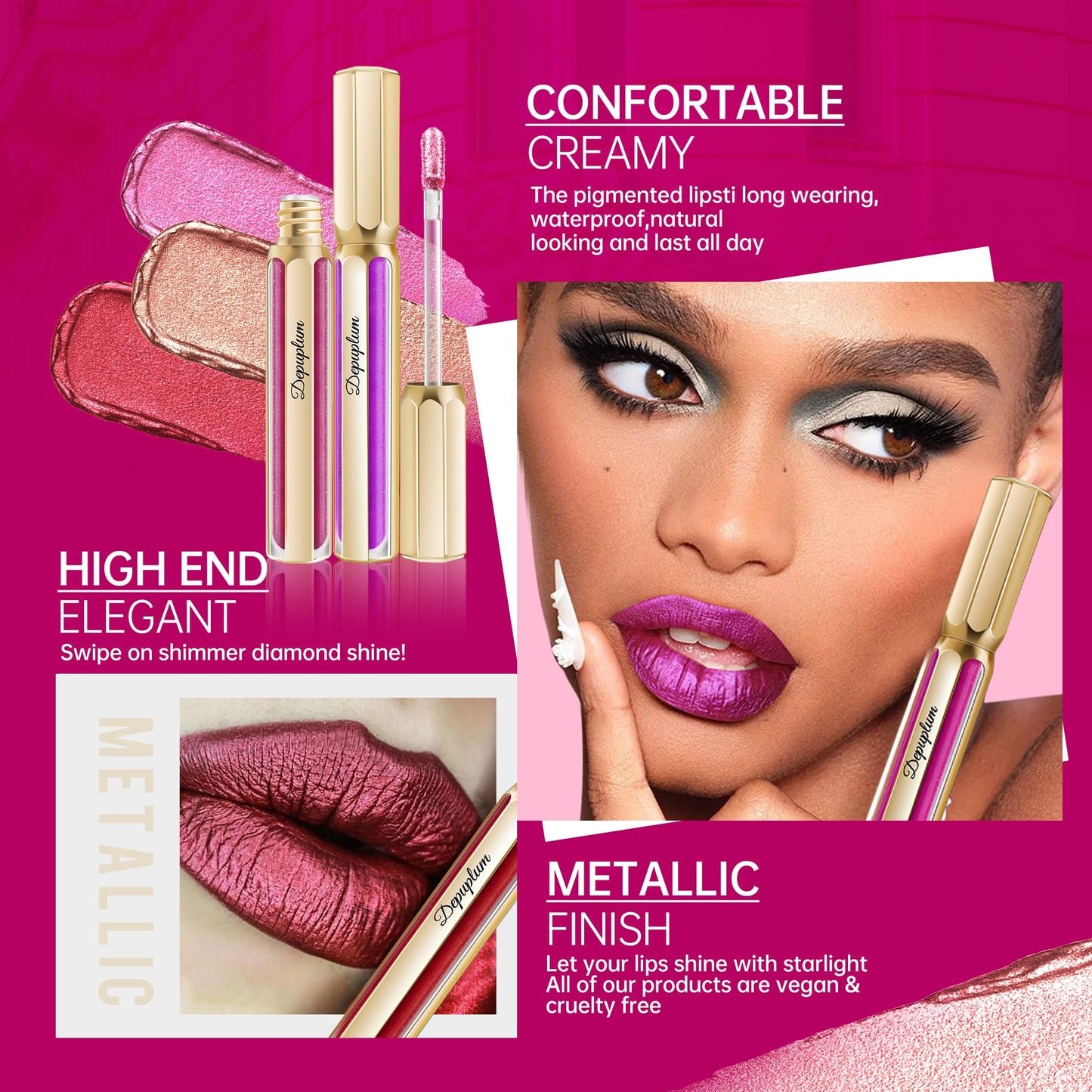 Depuplum Dark Red Lipsticks for Women Metallic Lipstick Long Lasting Shimmer Lip Gloss Metal Shine Glitter Waterproof Lipsticks Full Coverage Lip Color for Mother's Day,DP104 Impassion