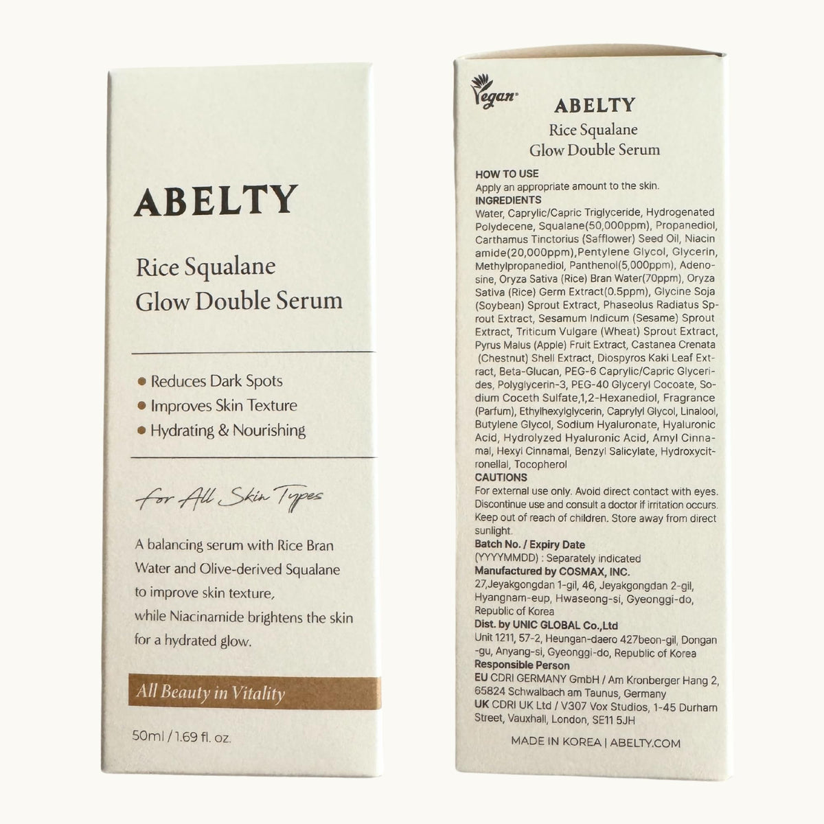 ABELTY Rice Squalane Glow Double Serum – Korean Hydrating Skincare with Olive Squalane 5%, Rice Extract, Niacinamide, Hyaluronic acid for Glass Skin, Anti-Pigmentation, Even Skin Tone, 50ml/1.69 Fl.oz