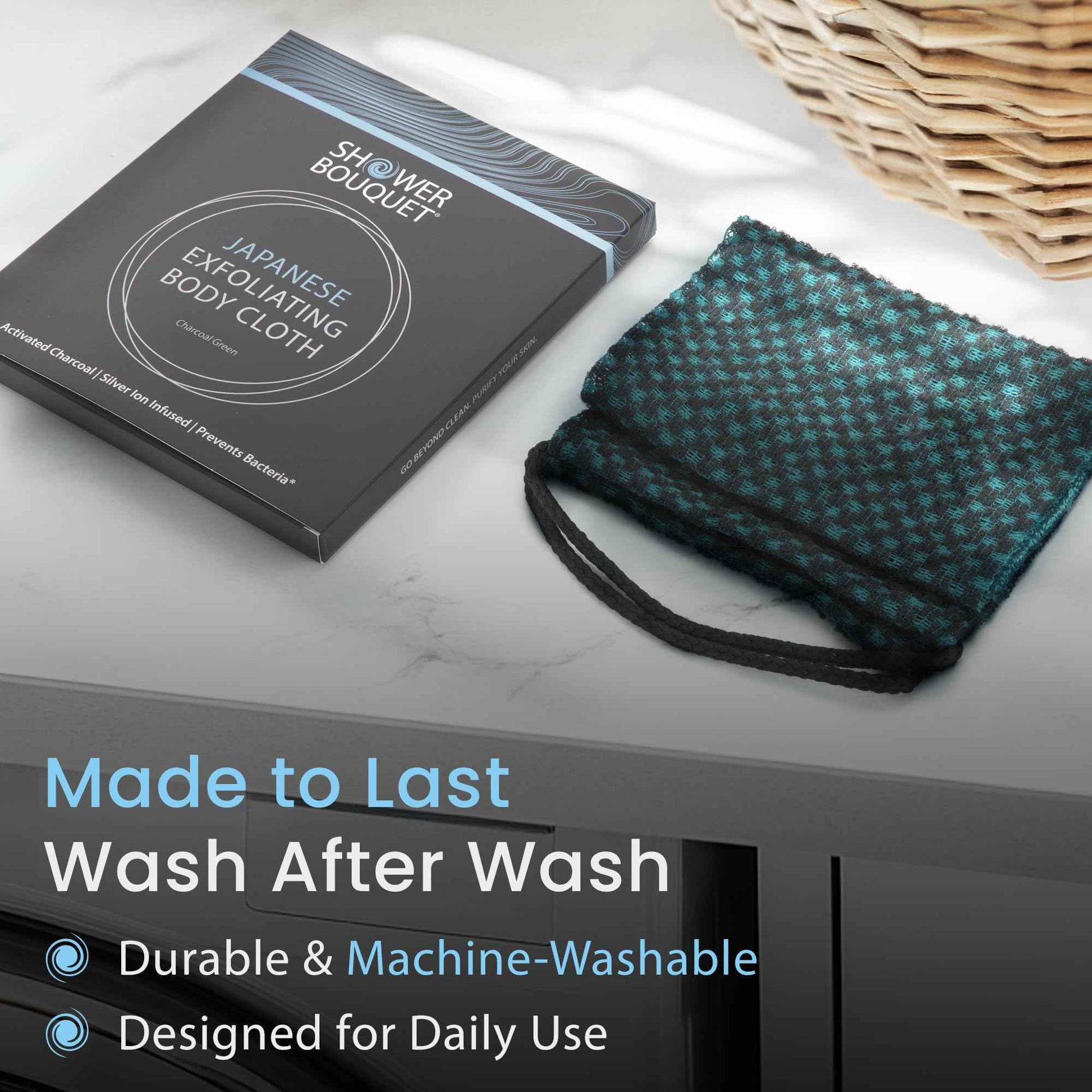 Japanese Exfoliating Washcloth for Back & Body - Charcoal & Silver Ion Exfoliating Towel with Handles - Two-Sided Gentle Exfoliation & Deep Cleansing Soft Body Wash Cloths for Shower - Green