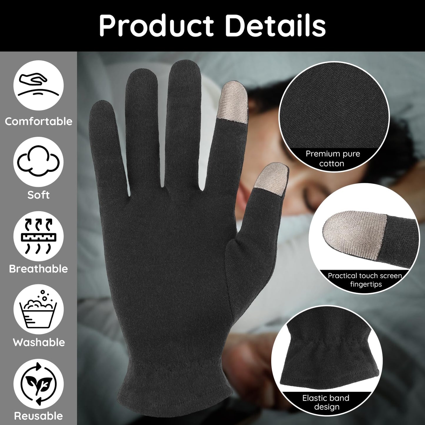 Segbeauty 20 Counts Elastic Touch Screen Black Lotion Gloves Overnight for Sleeping, 10 Pairs Working Moisturizing Cotton Gloves for Men with Elastic Band, Dry Hands Cotton Work Glove for Women Bulk