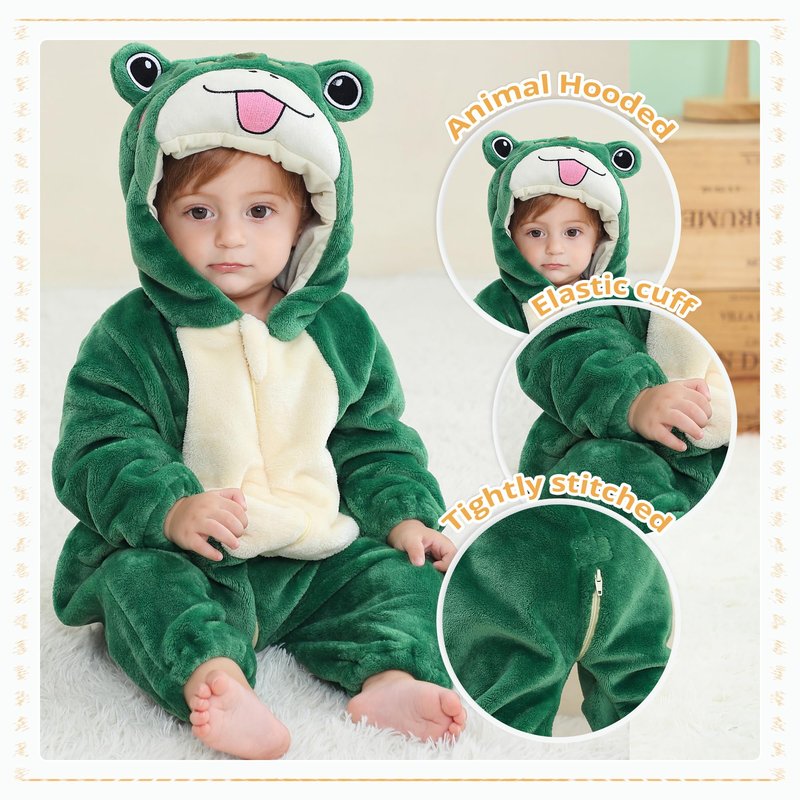 MICHLEY Unisex Baby Boy Girl Hooded Romper Winter Animal Cosplay Jumpsuit Outfits, Green, 6-12months, Size 80