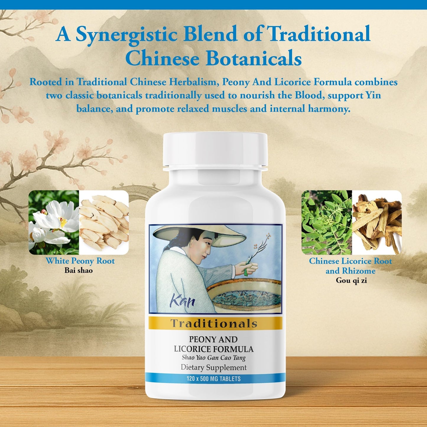 Kan Herb Company Peony & Licorice Formula Tablets – Traditional Chinese Herbal Blend with White Peony Root & Chinese Licorice to Support Liver Balance, Muscle Comfort & Digestive Harmony, 120 Tablets