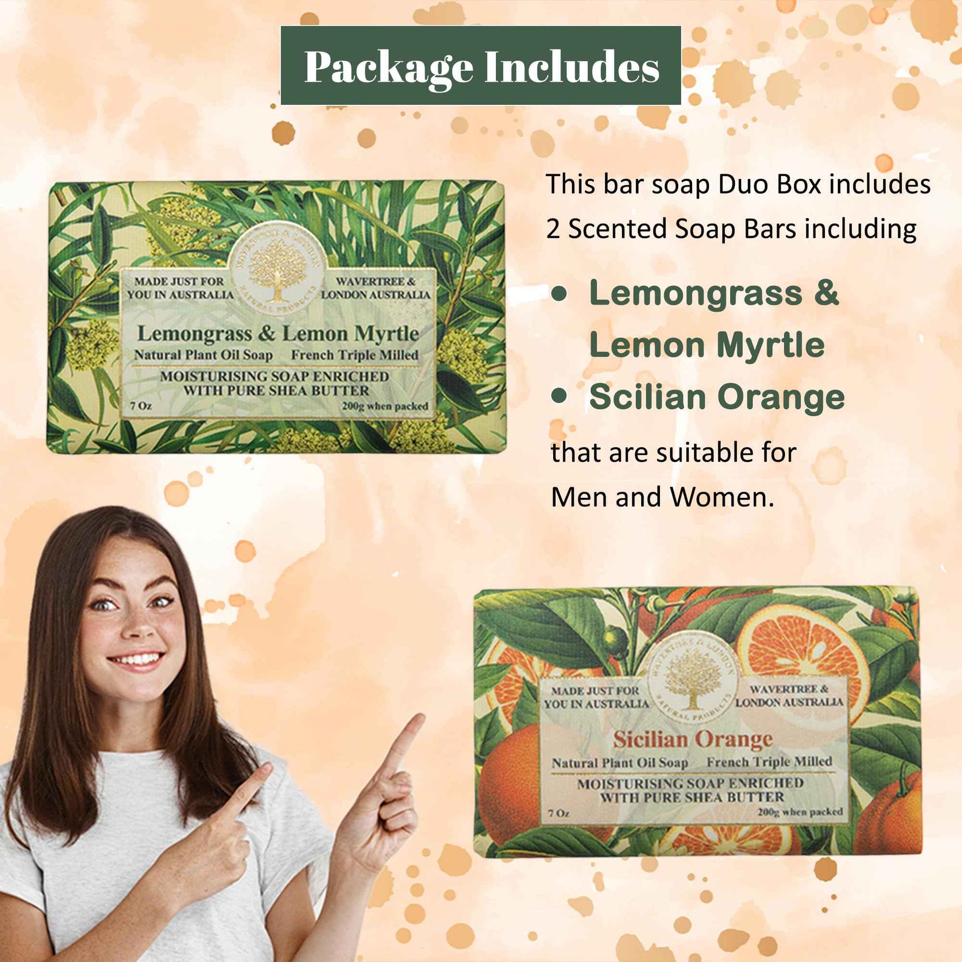 Wavertree & London Duo Gift Box (2 Bars) - 7oz Sicilian Orange, Lemongrass & Lemon Myrtle Scented Triple Milled Natural Soap Bars - Pure Plant Oil Soap Bars for All Skin Types