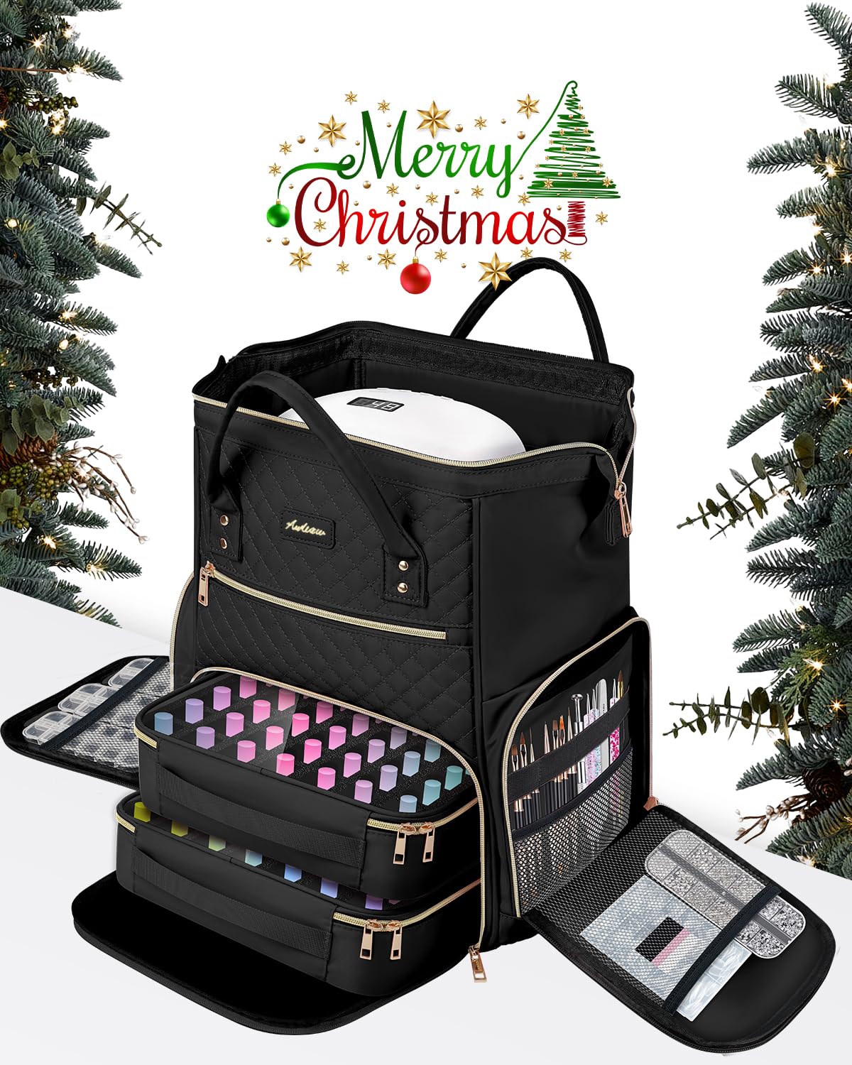 Awlcaw Large Nail Polish Organizer Bag Backpack Holds 70+ Bottles(15ml/0.5 fl.oz) UV Nail Lamp,Nail Organizers and Storage with 2 Removable Pouches Fits Nail Tool,Gift for Manicurist，Black