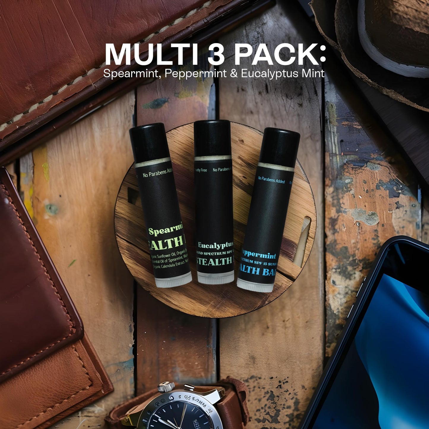 Stealth Balms Men's Organic Mint Lip Balm - SPF 15 Sun Protection - Moisturizing Lip Balm - 3 Pack: Spearmint, Peppermint, Eucalyptus Mint - Gift for Men