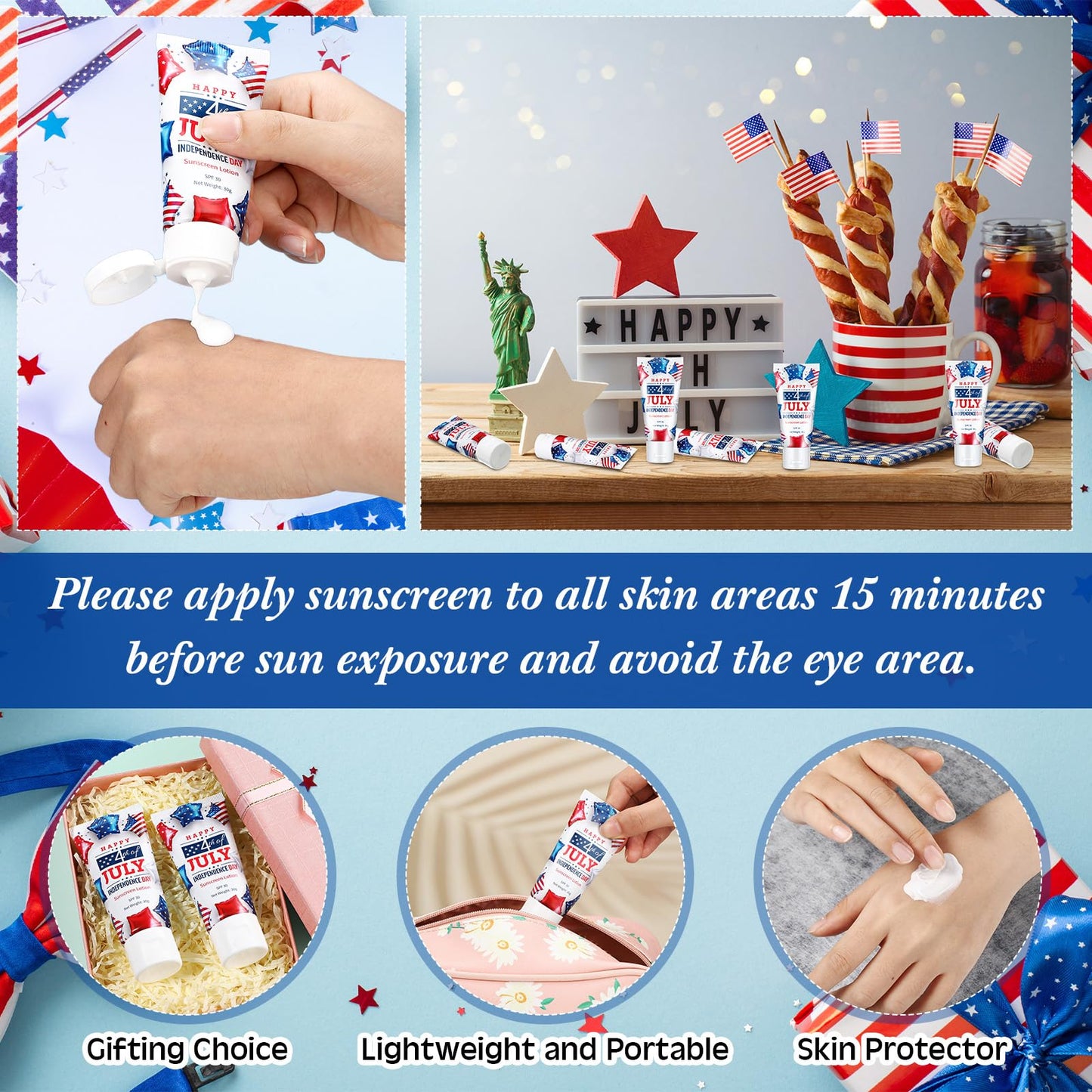 Dansib 24 Pcs Travel Size Mini Sunscreen Bulk for Summer Vacation Spf 30 Water Resistant Sunscreen Lotion Sunblock for Thank You Gifts Hawaiian Wedding Pool Party Favor (Independence Day)