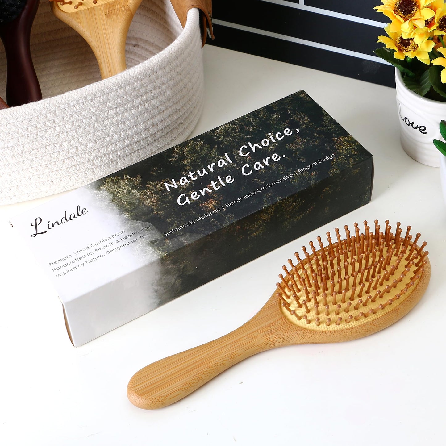 Lindale Wooden Hair Brush for Women Men, Natural Bamboo Detangler Paddle Hairbrush for Hair Growth Massaging Scalp, Reduces Static for Curly Hair with Ergonomic Handle Oval