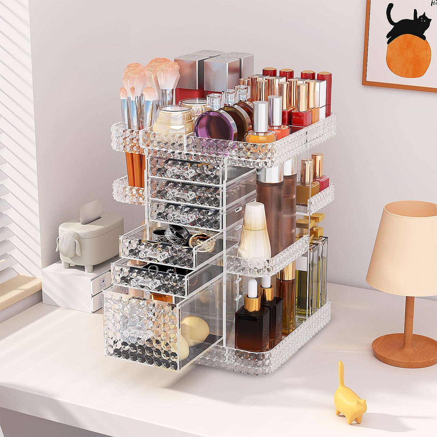 BOCONY 360 Rotating Makeup Organizer for Vanity, Large Skin Care Organizer with 6 Drawers Clear Acrylic Cosmetic Organizer Adjustable Spinning Makeup Storage Perfume Organizer for Dresser (Clear)
