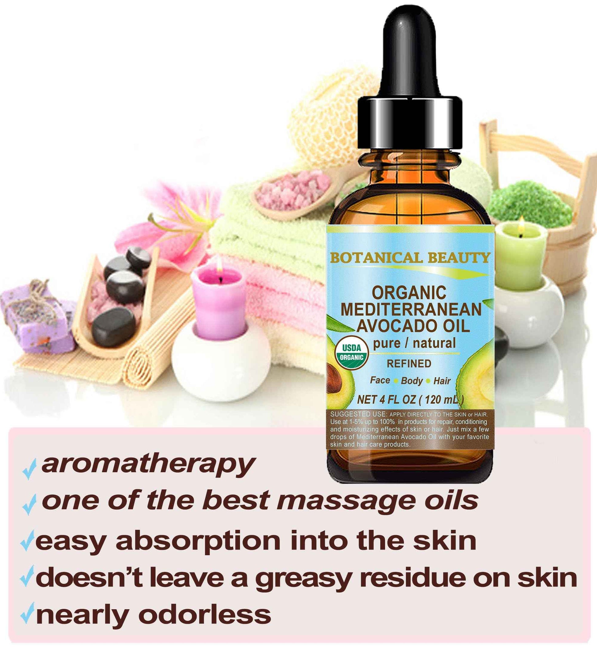 Botanical Beauty Italian ORGANIC AVOCADO OIL 100% Pure Natural Refined Undiluted Cold Pressed for Face, Body, Feet, Hair, Massage and Nail Care. 4 Fl. oz-120 ml.