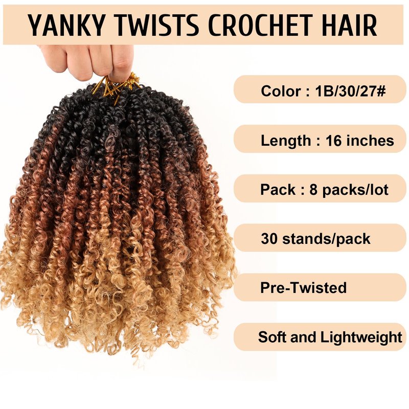 IIFLYDSFA Pre Looped Yanky Twist Crochet Hair 16 Inch 8 Packs 1B/30/27# Black/Brown/Blonde Ombre Fluffy Spring Mini Twist Passion Twist Bohemian Synthetic Crochet Braiding Hair