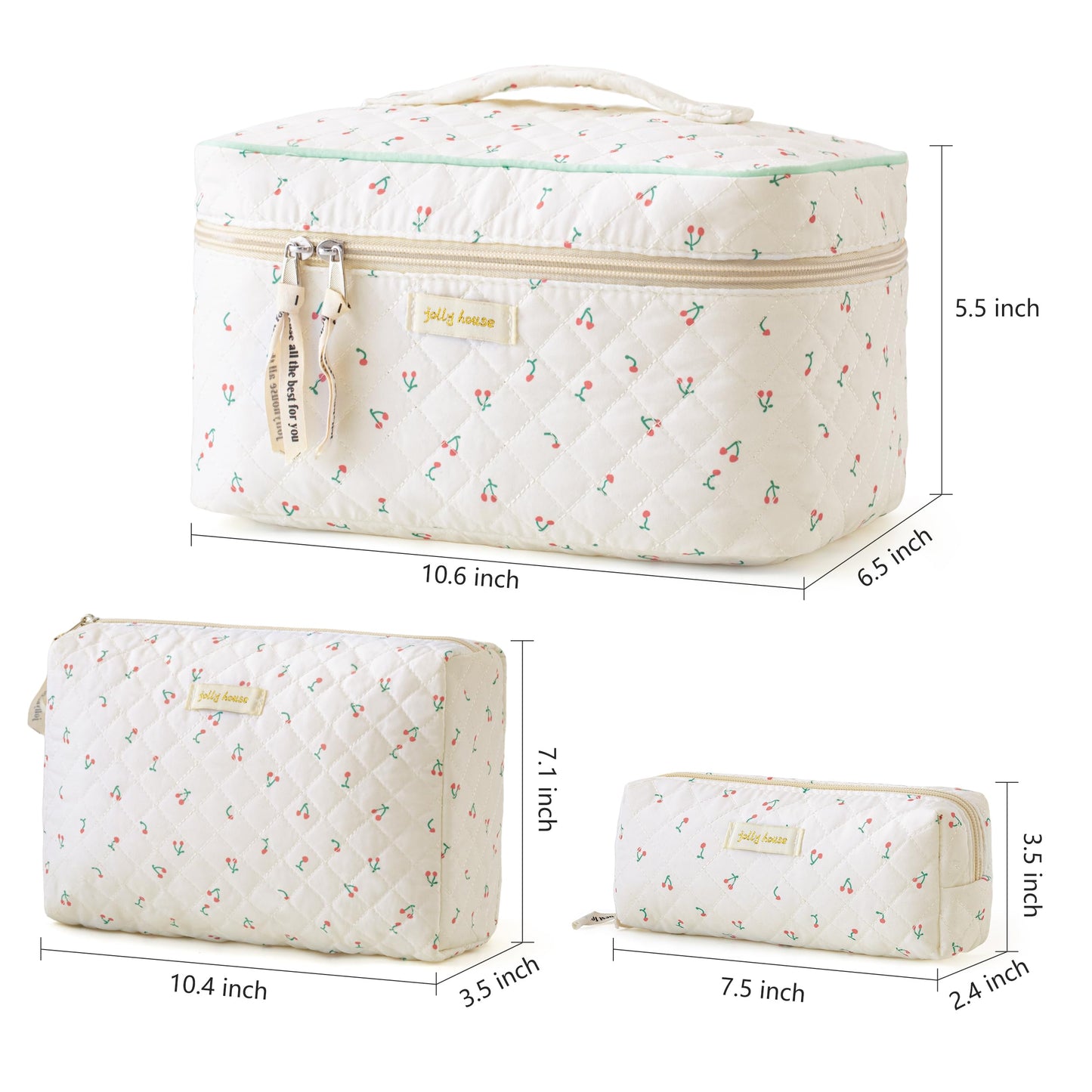HBselect Quilted Makeup Bag, 3Pcs Cotton Large Travel Makeup Bags Organizer