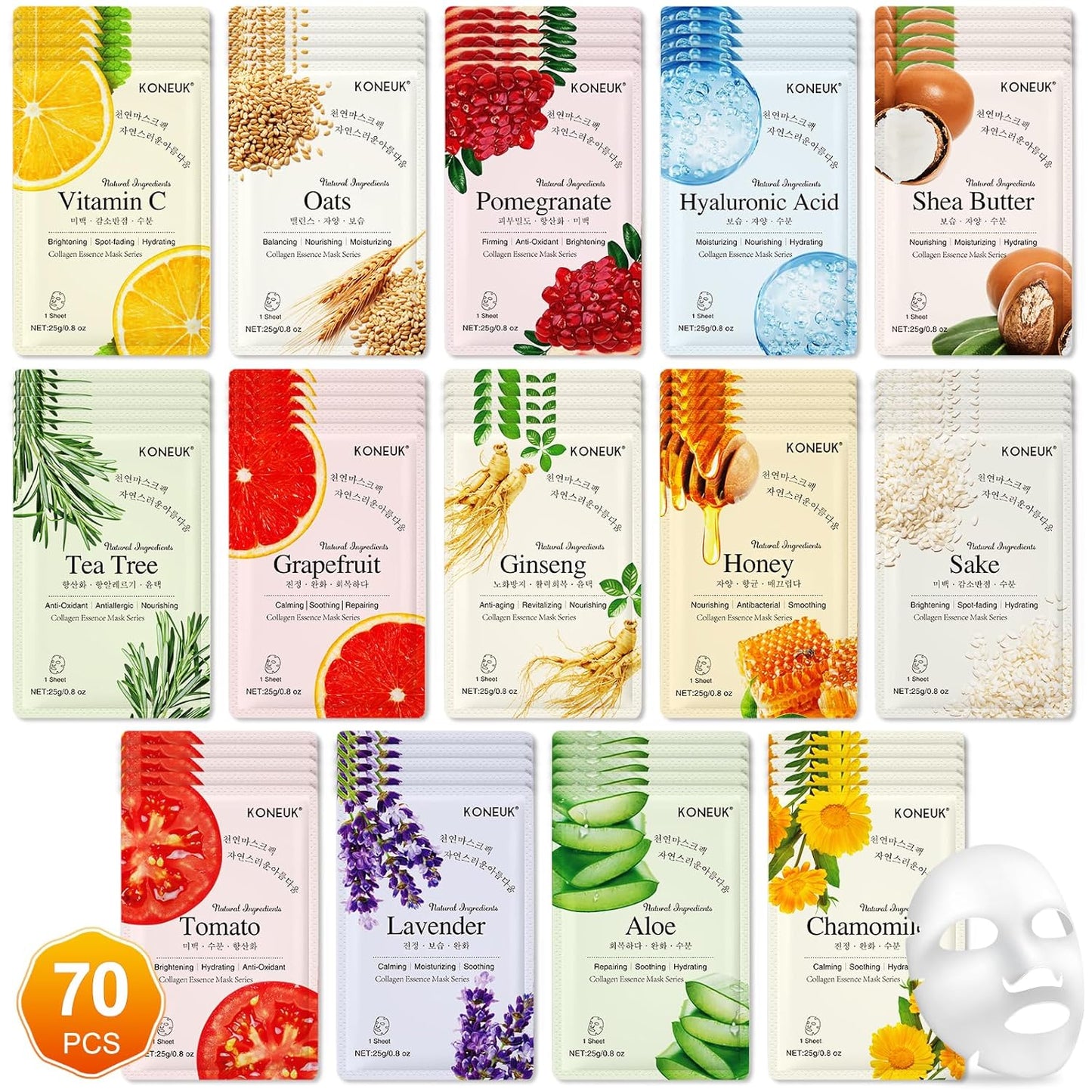 KONEUK Hydrating Sheet Face Masks - 70 Pack for All Skin Types | Spa-Quality Facial Masks for Women