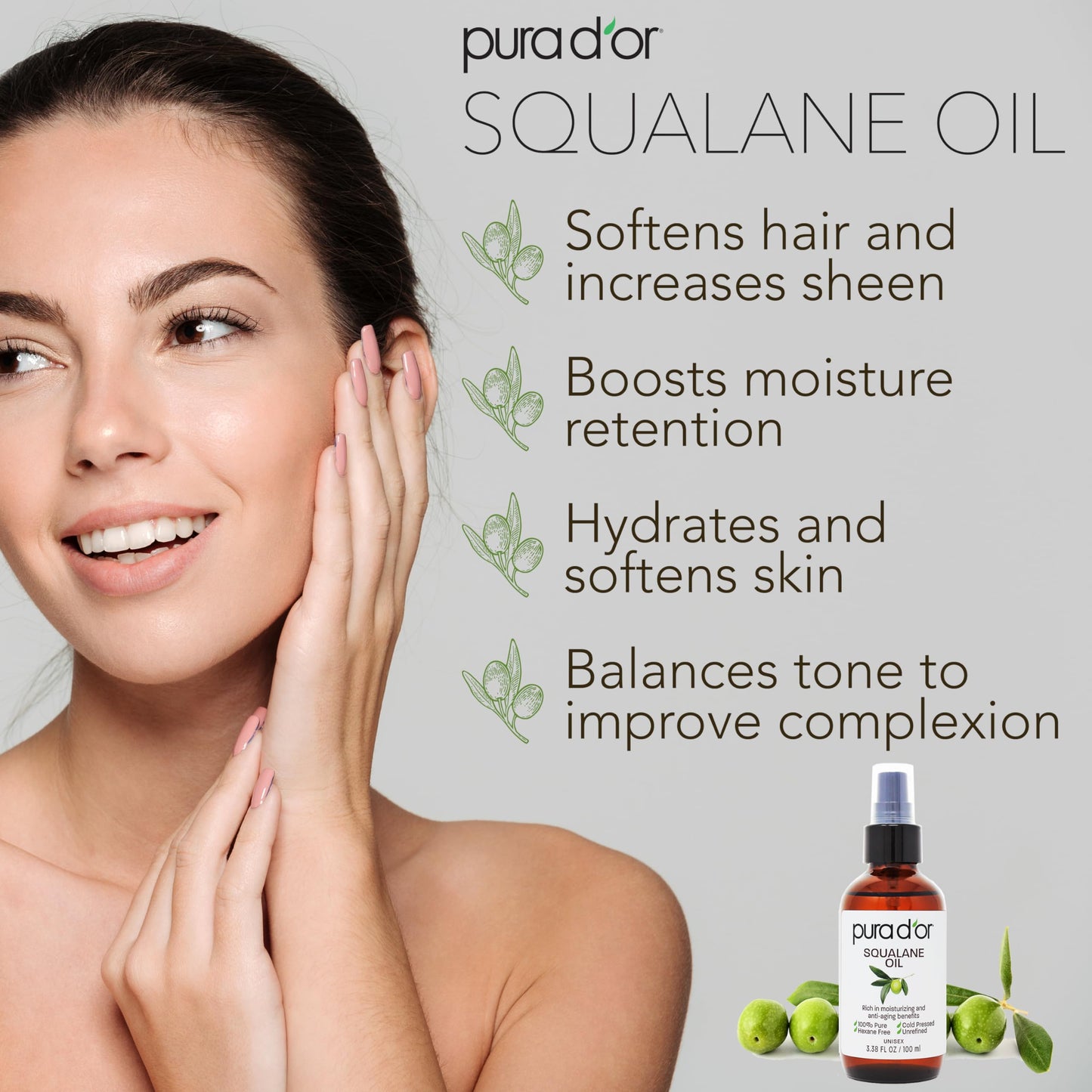 PURA D'OR 3.38 Oz Squalane Oil - Non-GMO 100% Pure & Natural - Moisturizer For Face, Hair And Body - Vegan, Cruelty-Free with Anti-Aging Benefits - Men & Women - Travel Size, Ayurvedic Skin Care
