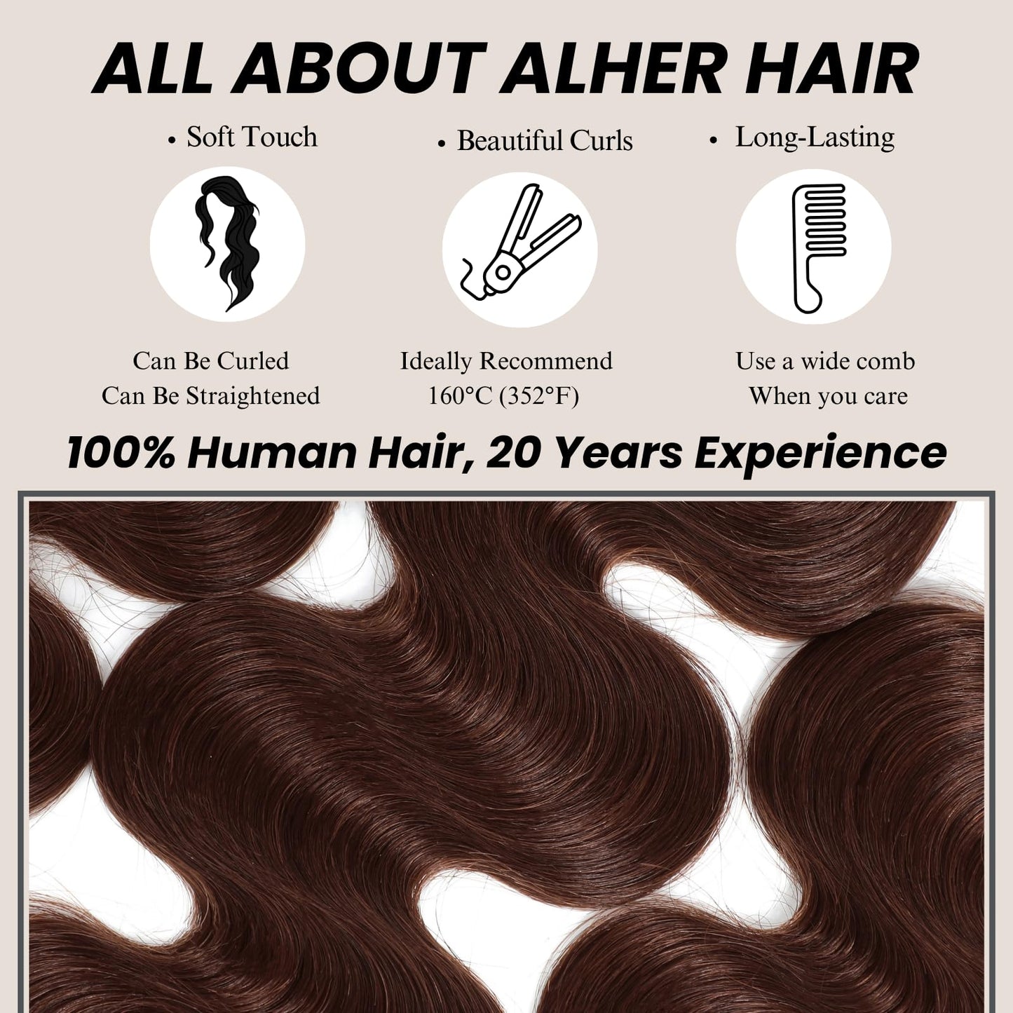ALHER Color #4 Chocolate Brown Single Bundle Human Hair Body Wave, 12A Dark Brown Human Hair, 100% Unprocessed Brazilian Virgin Remy Hair Soft Thick Single Wavy Bundle Sew In Double Weft 14 IN