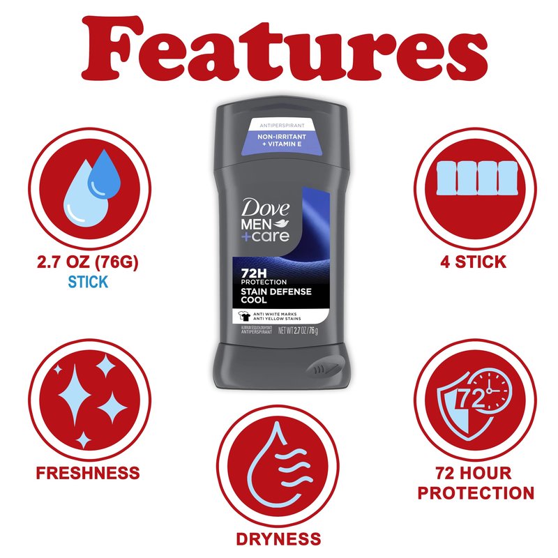 Dove Men+Care Deodorant Stick 4 Count Stain Defense Cool for Men, Anti-white Marks & Anti-yellow Stains with 72-hour Sweat and Odor Protection 2.7 oz