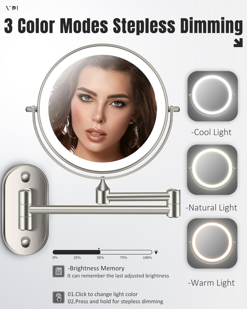 Wall Mounted Makeup Mirror with Light, 30X/1X 8'' Double Sided LED Magnifying Bathroom Lighted Vanity Mirror with Magnification, 3 Color Light up Touch Dimmable Extended Arm 360 Rotation