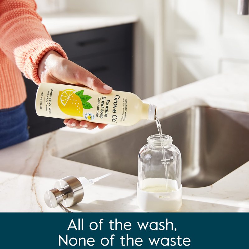 Grove Co. Foaming Hand Soap Concentrate (12 Fl Oz) + Reusable Glass Soap Dispenser, Plastic-Free Liquid Refillable Starter Kit, Natural Lemon & Eucalyptus Fragrance