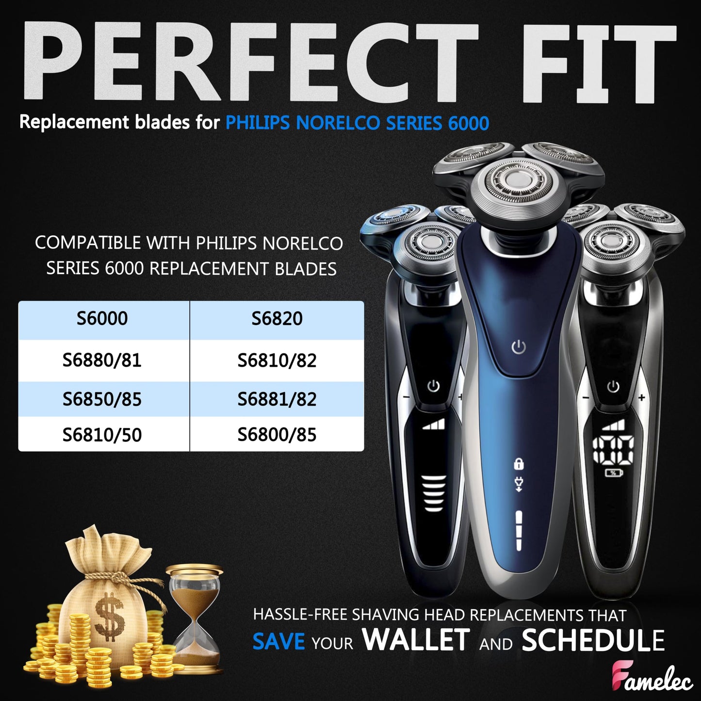 6-Pack Compatible with SH60 Norelco Replacement Heads 6000 Series S6810 S6820 S6850 S6880/81, Upgraded Blades for Philips Norelco 6000 Replacement Heads, Fit for Shaver Series 6000 S6810/82 S6850/85