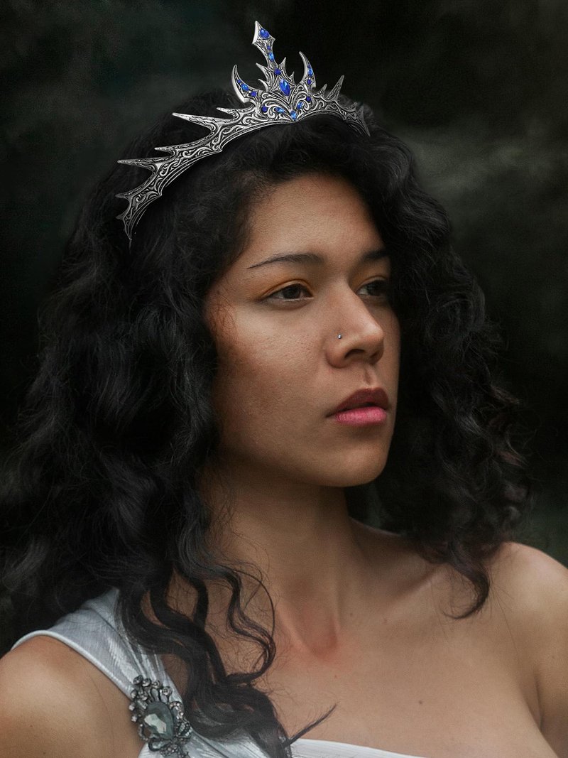 SWEETV Gothic Crowns for Women Tiara Queen Crown Witch Hair Accessories for Costume Halloween Prom Party (Silver+Blue)