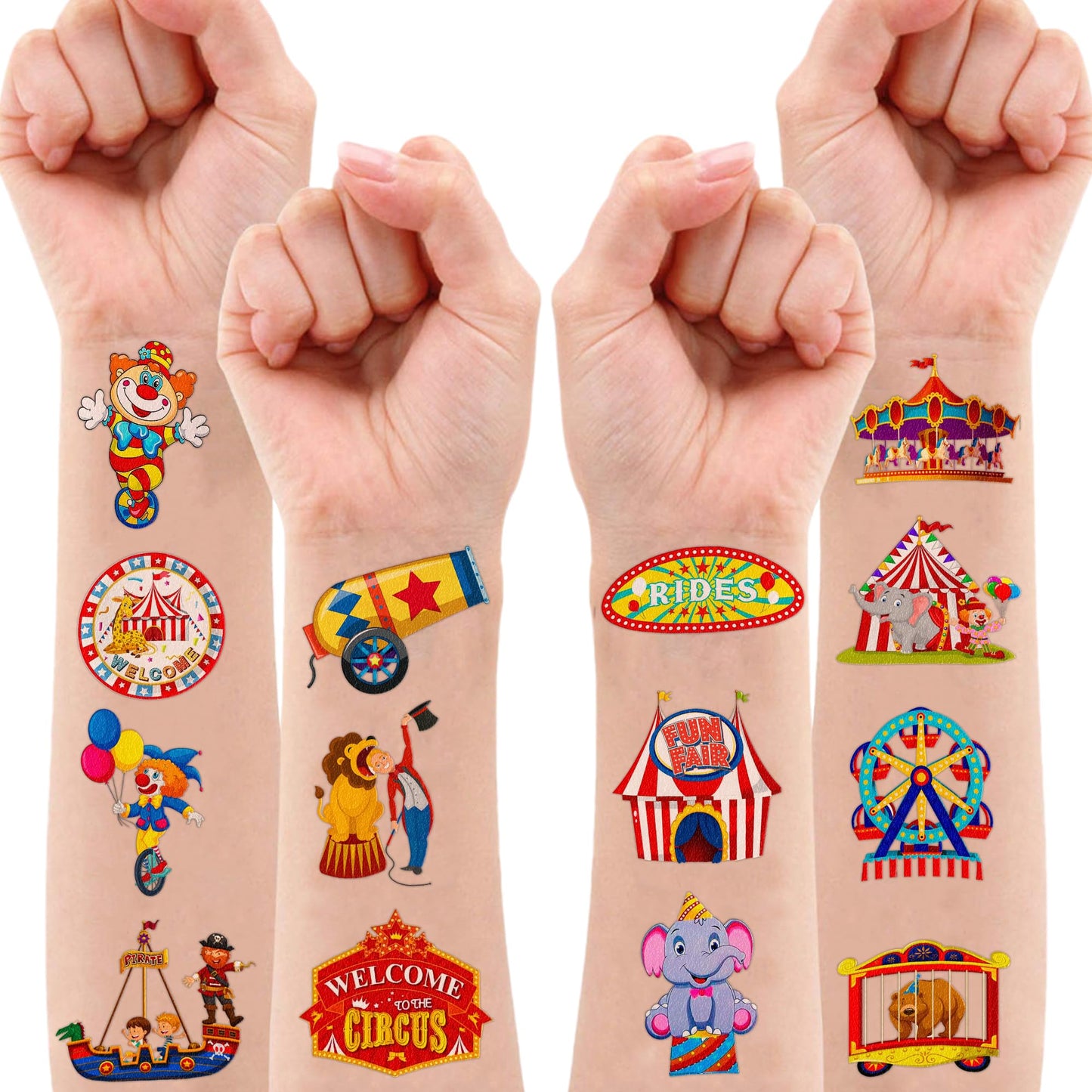 96 PCS Funny Carnival Temporary Tattoos for Kids, Carnival Circus Animals