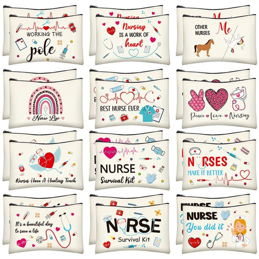 ZATAYE Nurses Week Accessories, 24 PCS Nurse Survival Kit Bag, Canvas Zipper Pouch Nurse Practitioner Accessories, Nurse Zipper Travel Makeup Bag for Women Girls Nurses Nurse Party