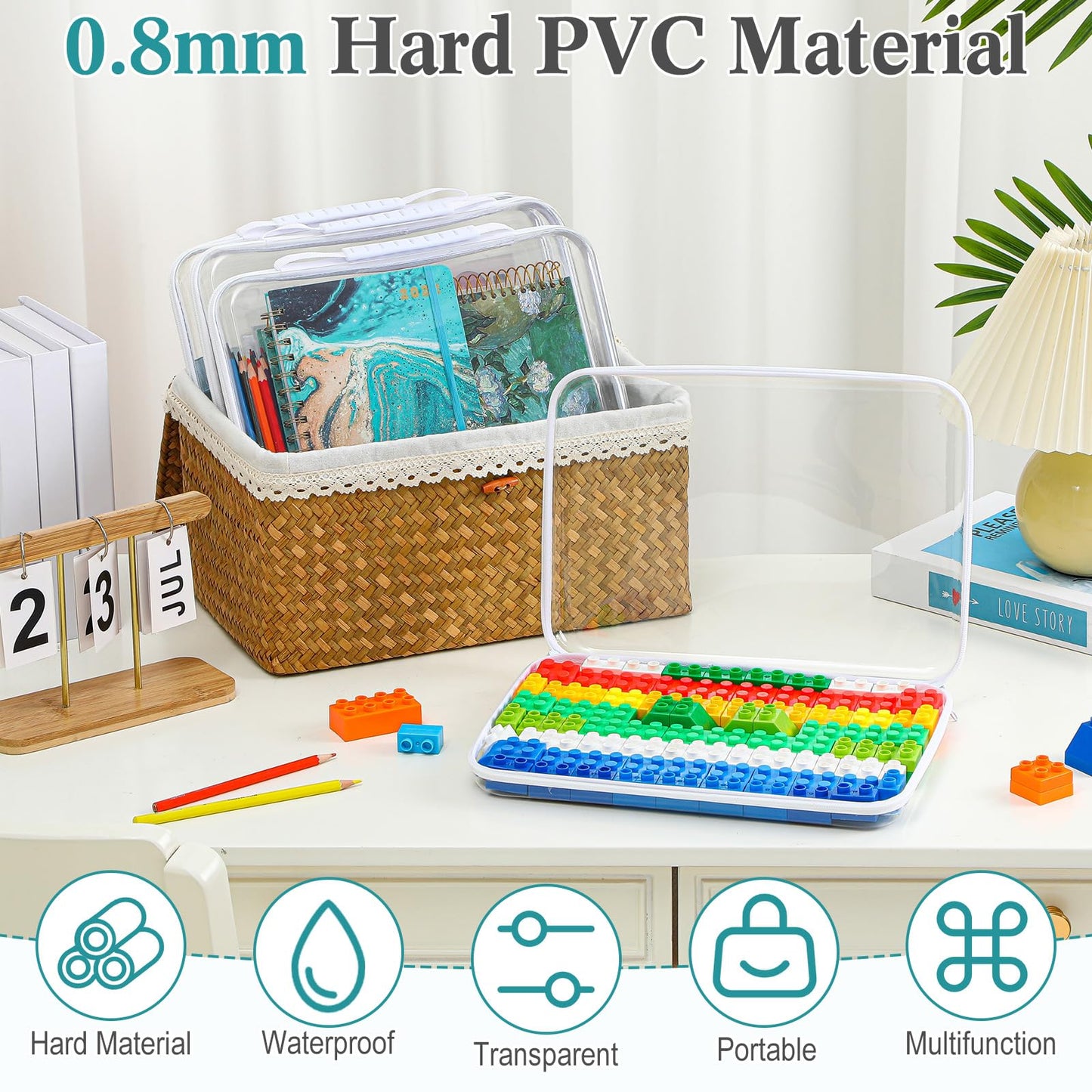 Sanwuta 4 Pcs Clear Hard Zipper Case with Handle Office Storage Cases Hard Plastic Pouches Transparent Bins for Crafts, Snacks, Cosmetics, Puzzles(12.6 x 9 x 2 Inches,White)