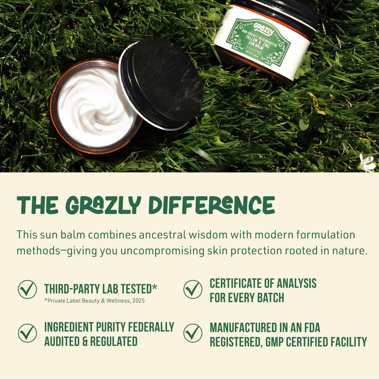 Grazly Beef Tallow Sunscreen SPF 35 – Unscented Water Resistant Zinc Sun Balm, Non-Greasy Natural Sunscreen for Face & Body – 4 Natural Ingredients: Non-Nano Zinc, Organic Coconut Oil, Beeswax- 1.8 oz