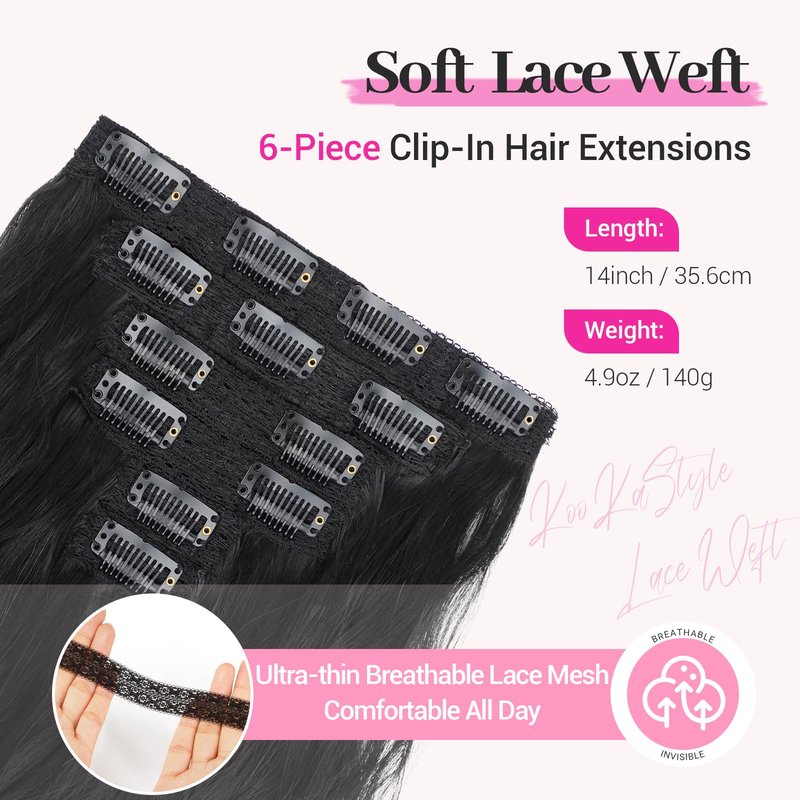 KooKaStyle 14 Inch Clip in Hair Extensions, 6 Pieces Short Hair Extensions,Wavy Synthetic Hairpieces Invisible Lace Weft, Natural Looking Lightweight Thick Hair Pieces for Women Daily Wear, Black