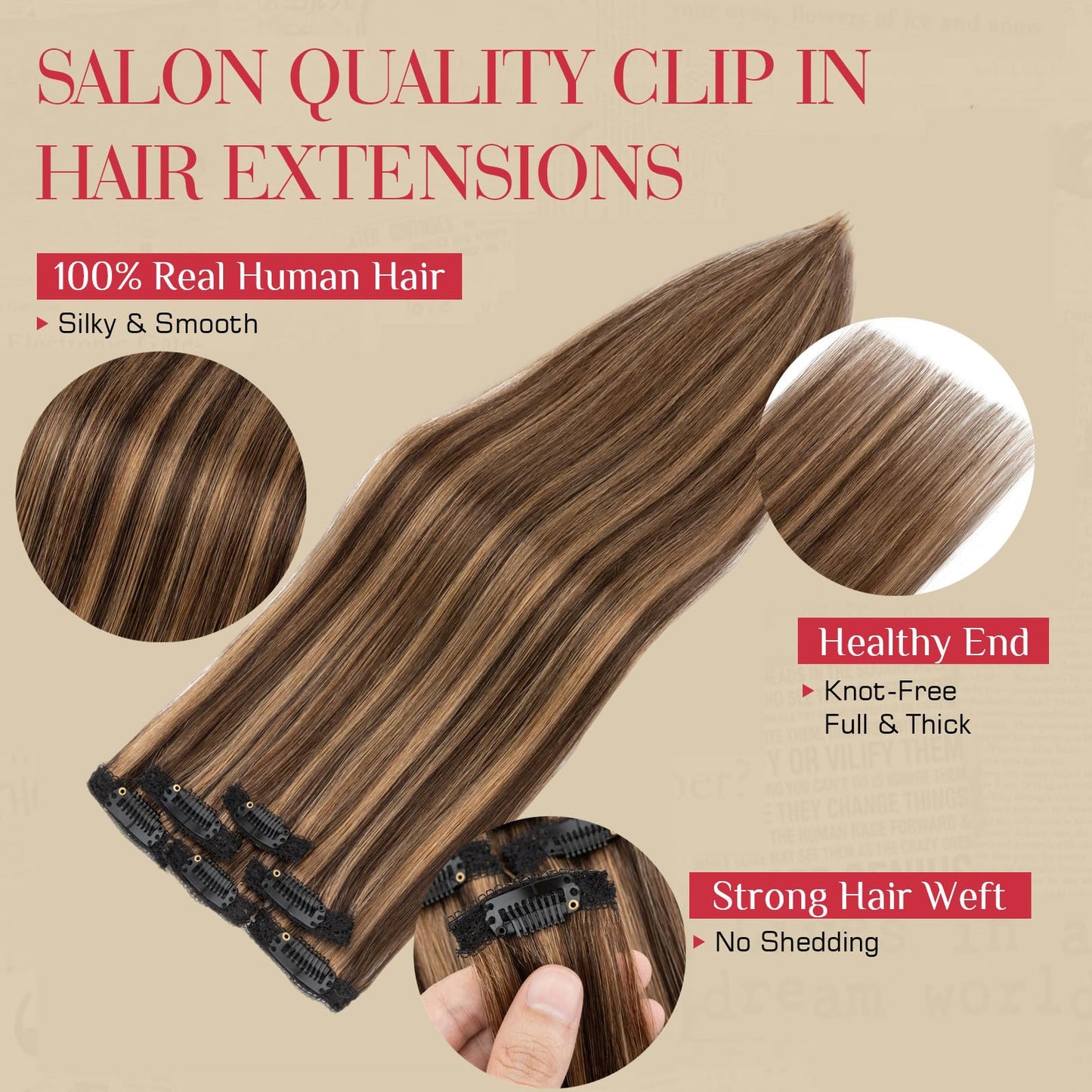 Rich Choices Real Human Hair Clip In Extensions-6 Pcs Single Clip Design-Invisible Clip in Extensions for Thin Hair-Hairpieces for Women/Men-14 Inches #2RP6 Chocolate Brown Highlight Light Brown