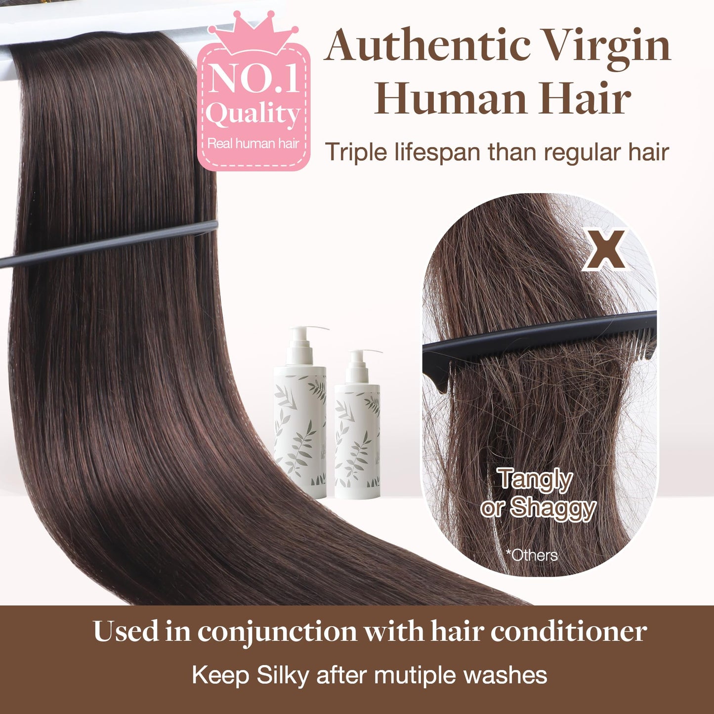 GOO GOO Genius Human Hair Sew-In Extensions, Rooted Remy Weft, 2/6/2 Balayage Dark Brown To Chestnut Brown, 14 Inch, 40g, Hand-Tied