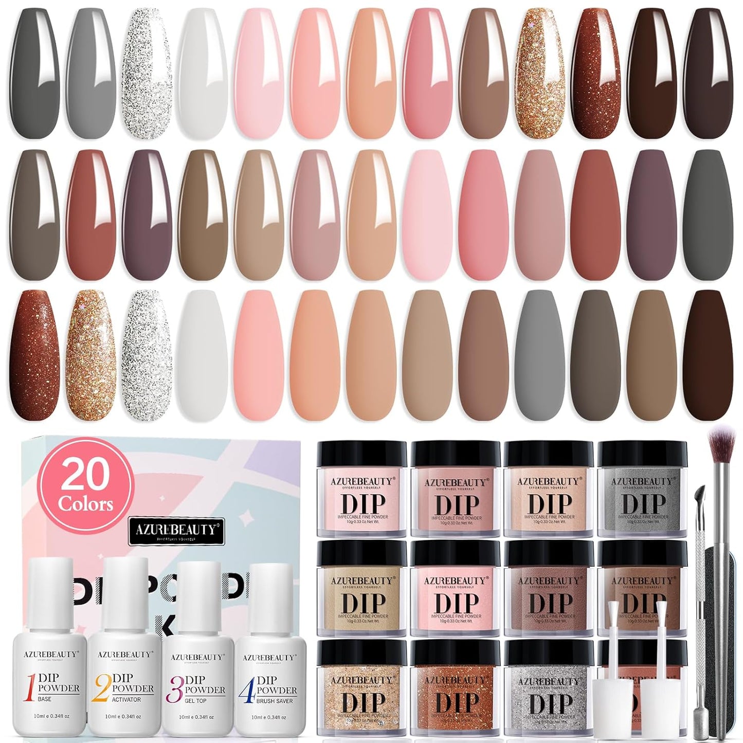 AZUREBEAUTY 29 Pcs Dip Powder Nail Kit - 20 Classic Brown & Nude Colors for Stunning Manicures | Includes Top/Base Coat