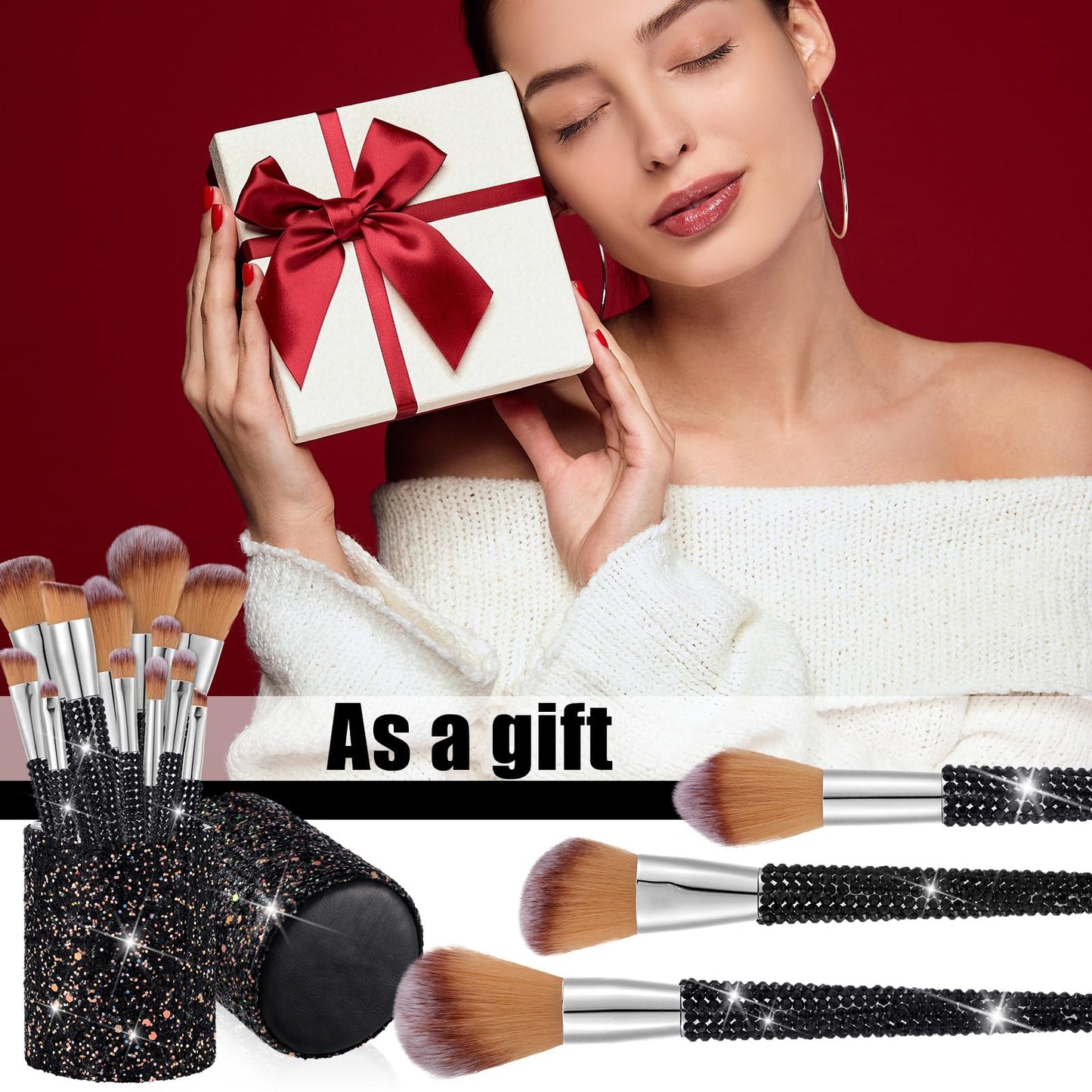 Rtteri 13 Pcs Rhinestone Black Makeup Brushes Set Bling Crystal Professional Face Cosmetics Blending Liquid Foundation Powder Concealer Eye Shadows Make up Beauty Tool Glitter with Holder