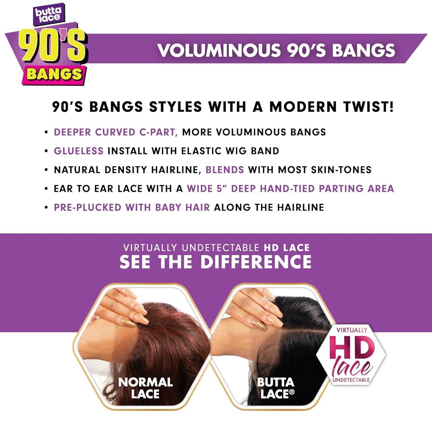 Butta Lace 90S Bangs Wig - Glueless Wide Deep Part Synthetic Hair, Pre-Plucked Hairline | 2 Dark Brown