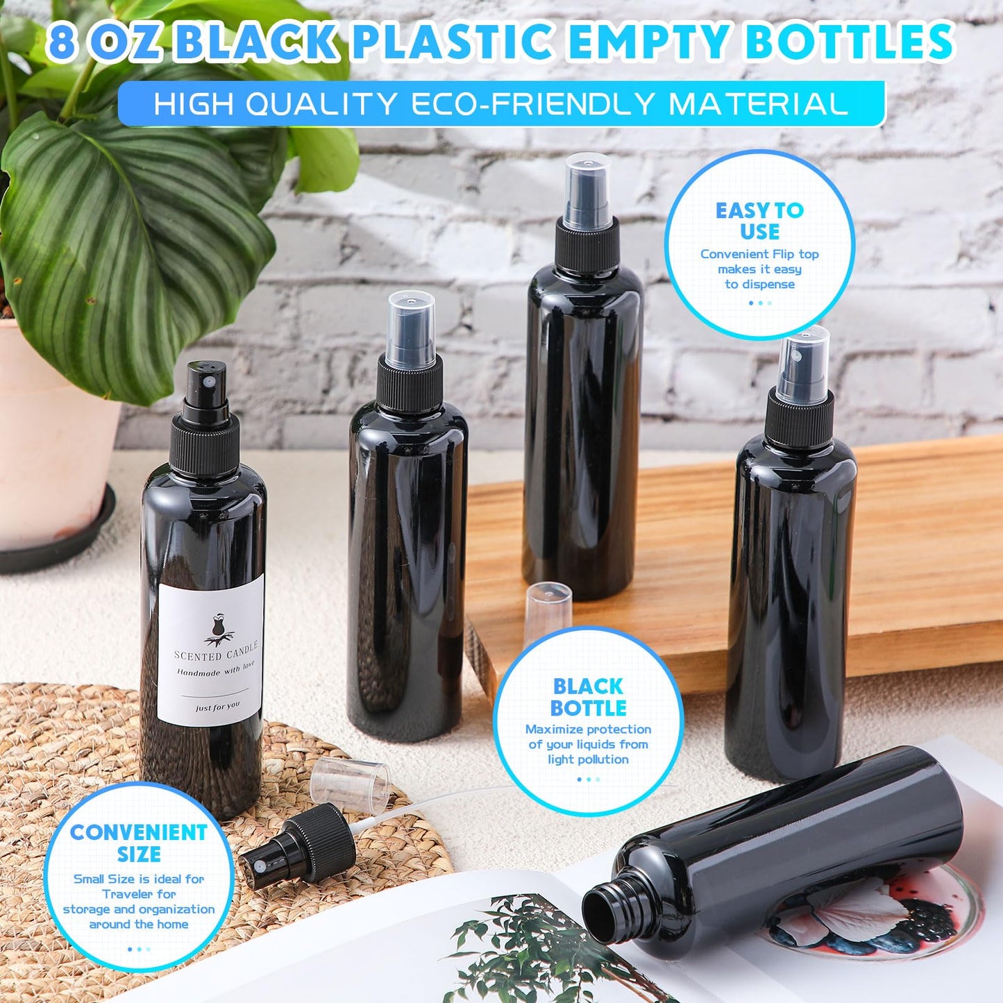 Eccliy 32 Pcs 8 oz Spray Bottles Fine Mist Plastic Spray Bottles Clear Empty Sprayer Hairs Refillable Travel Sprayer with Pump Cap for Cleaning Oils Travel Perfumes(Black,Colored)