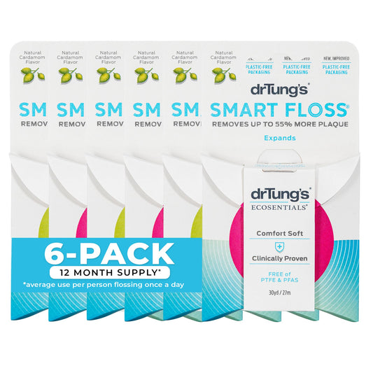 DrTung's Smart Floss - Natural Dental Floss, PTFE & PFAS Free, Gentle on Gums, Expands & Stretches, BPA Free - Cardamom Flavor(Pack of 6)
