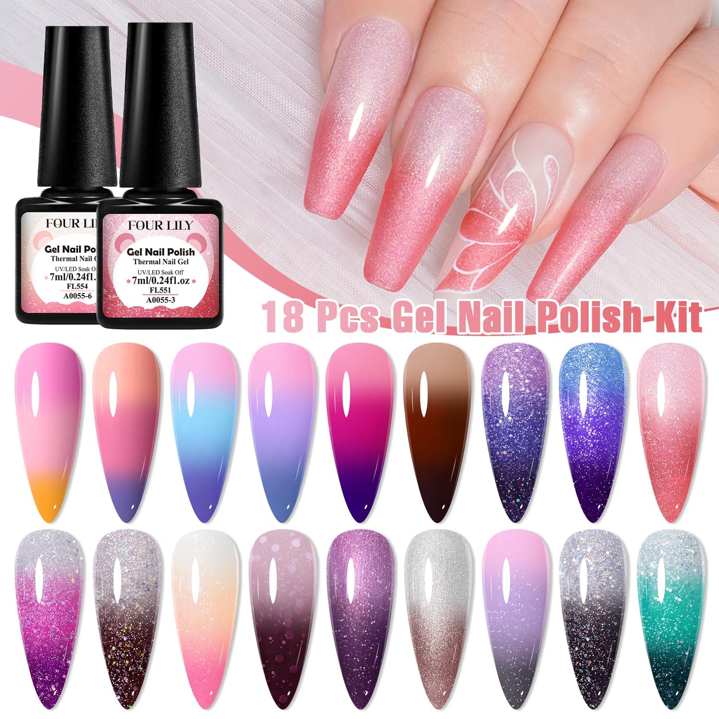 Four Lily Color Changing Gel Nail Polish Set, 18 Temperature Mood Changing Colors Red Pink Purple, Soak Off UV Light Cure Gel Polish for Salon and Nail Art DIY at Home